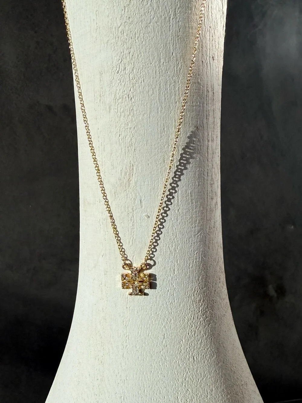 Tory Burch Gold Tone Crystal Logo Pendant Necklace